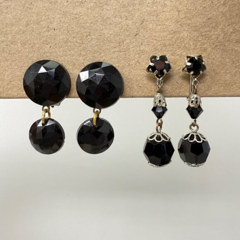 Faceted Black Beaded‎ Vintage Earrings Clip-On Vintage Goth Witchy Dangle 2 sets